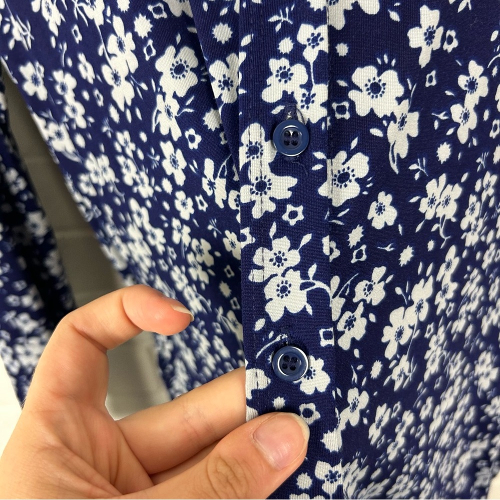 Lularoe Blue White Floral Stretch Button Front Long Sleeve Shirt Dress Size XS - Picture 7 of 10